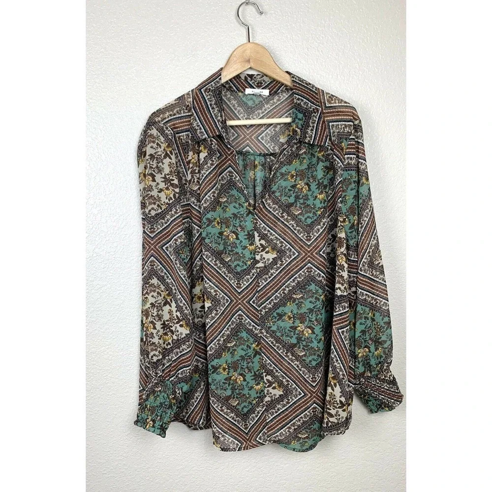 Pleione 1X Sheer Chiffon Blouse Mixed Print Floral Long Sleeves